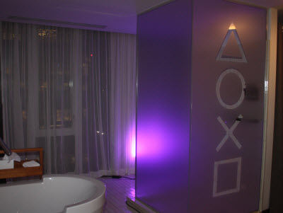 Sony decorated the shower stalls at the Standard in PS symbols.