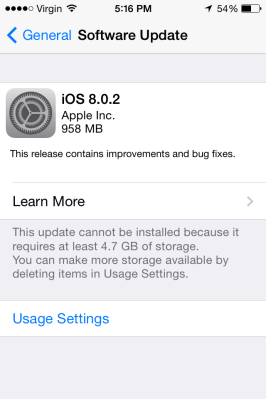 Screen shot of the now available iOS 8.0.2 update. 