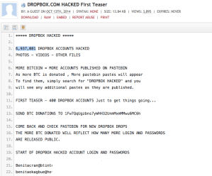 Sample of usernames and passwords allegedly stolen from Dropbox.