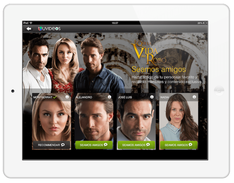 Applicaster's CrossMates service enables viewers to choose a friend from the characters on this Univision telenovela..