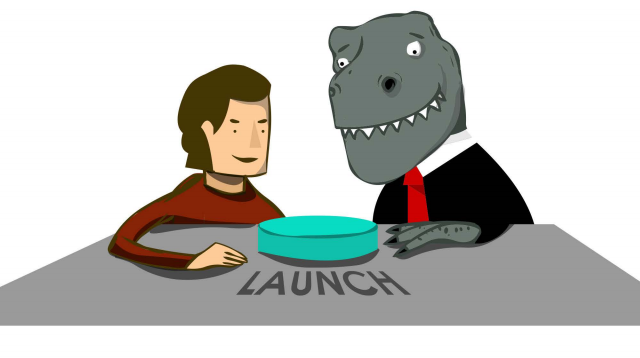 An illustration that symbolically shows a company (dinosaur) with an entrepreneur (startup) working together to launch a product.