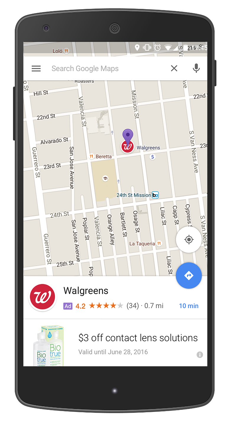 Ads in Maps : promoted pins (left) and business page (right)