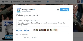 Hillary Clinton to Donald Trump on Twitter: ‘Delete your account’