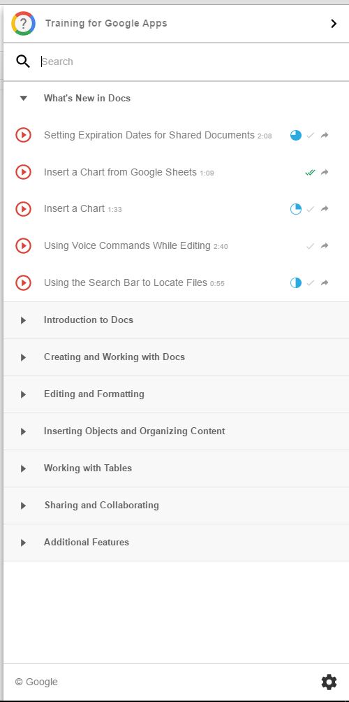 Some of the videos you can watch in Google Docs through Training for Google Apps.