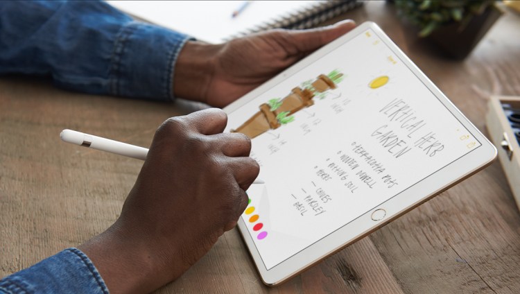 A picture shows an iPad Pro user drawing in the Apple Notes app with an Apple Pencil.