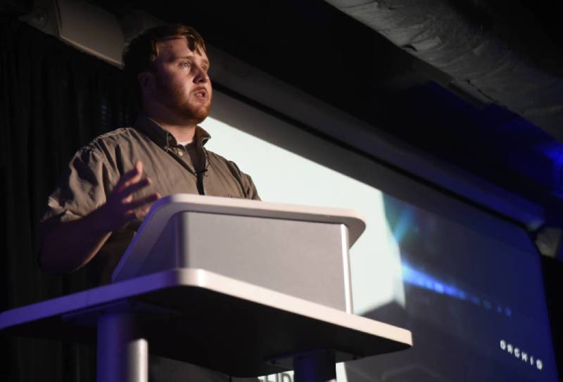 This image shows Collider Tech CEO Graham Bredemeyer onstage at Gigtank365's Pitch Night on Wednesday, July 27, 2016 at the Edney Innovation Center in Chattanooga, TN.
