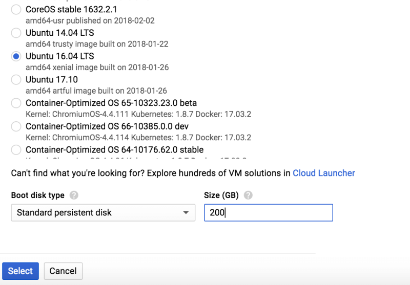 Google Cloud VM instance configuration: Ubuntu 16.04 OS, 200GB disk size