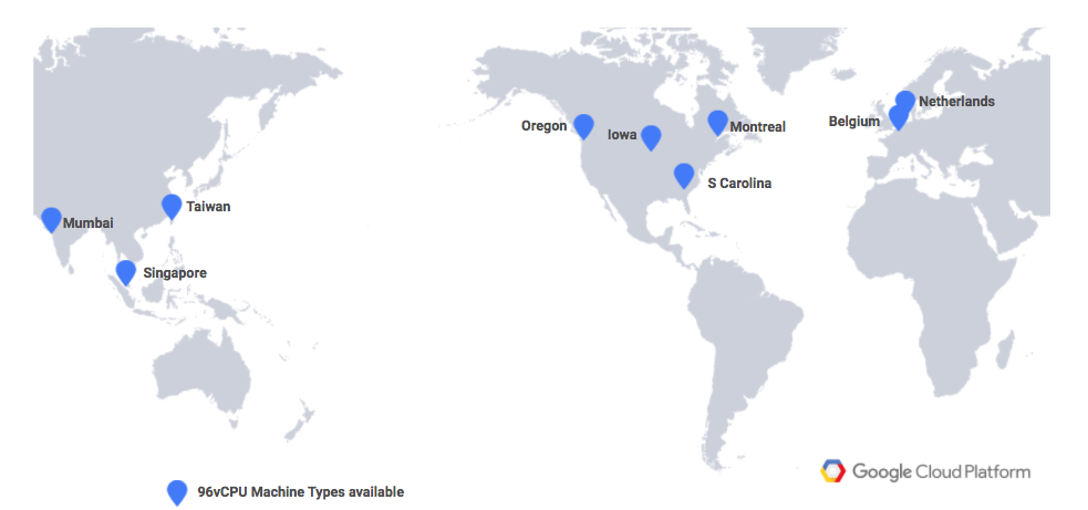 World map showing Google Cloud Platform regions with Intel Skylake 96 vCPU support