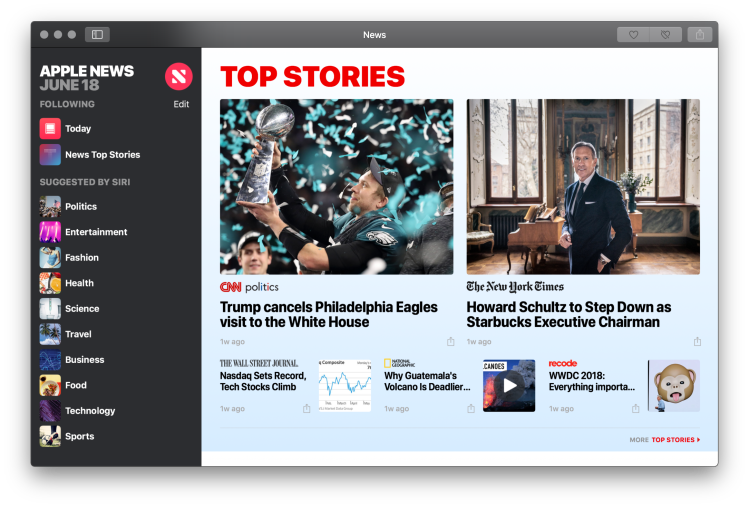 Apple News for macOS Mojave.