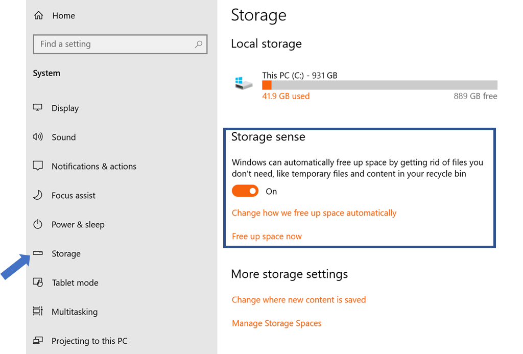 A screenshot of Windows 10's Storage Sense feature