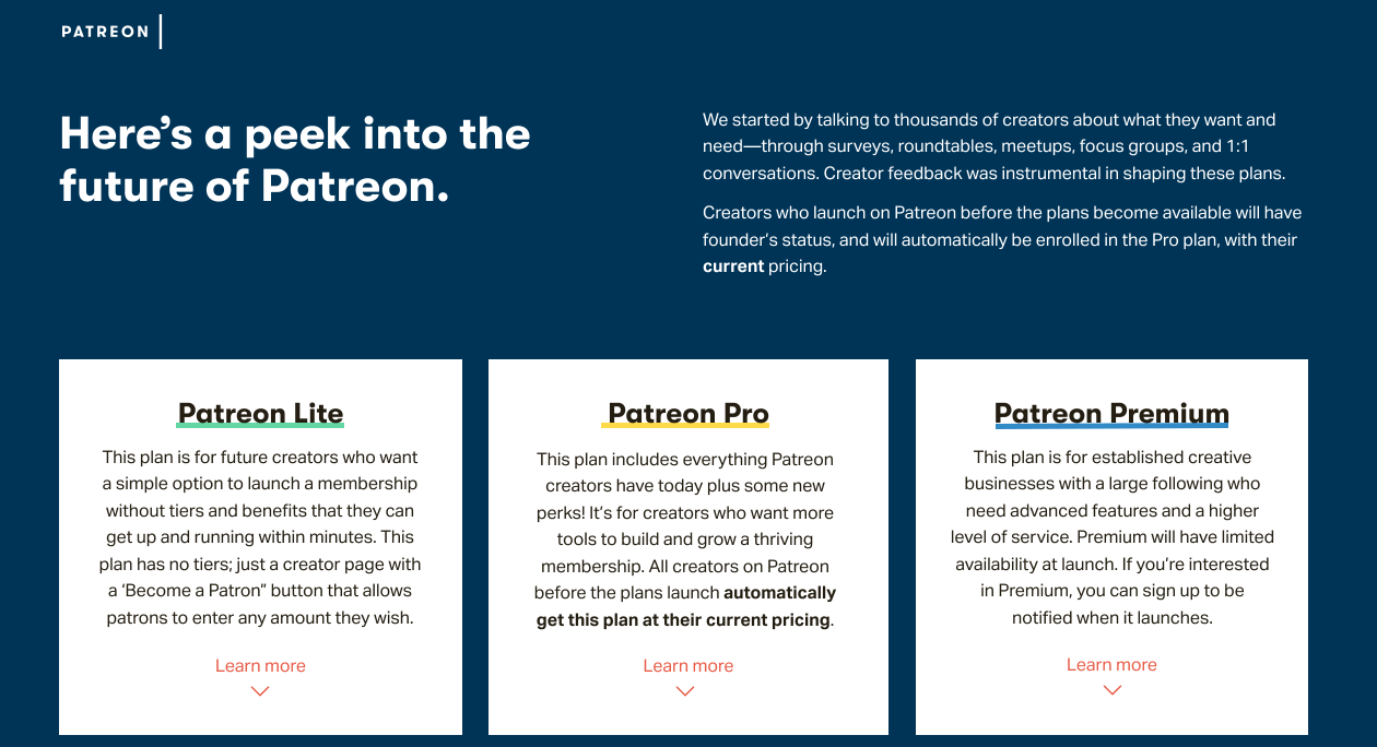 Patreon plan overview