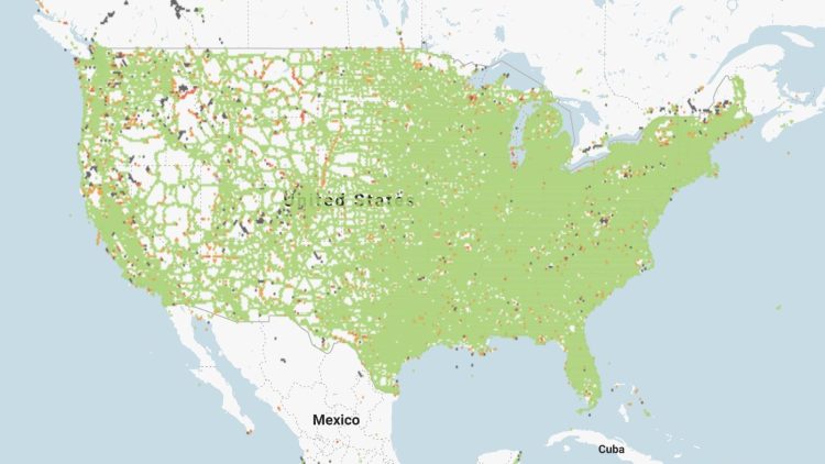 RootMetrics' coverage map of the United States.