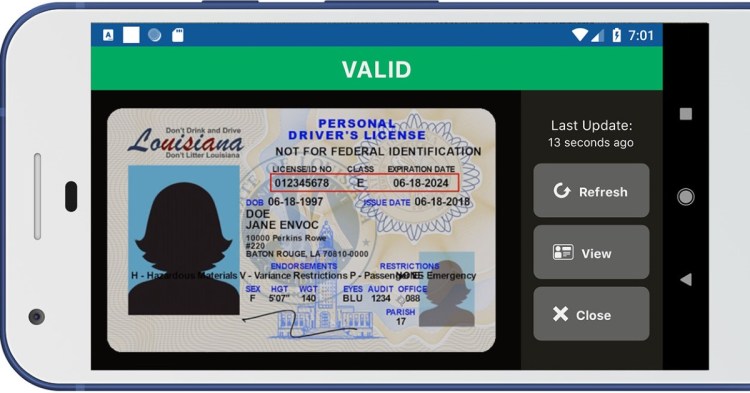 A sample image of a digital driver’s license accessed through the LA Wallet app.