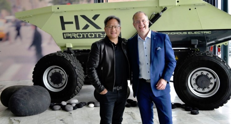 Nvidia CEO Jensen Huang and  Lars Stenqvist, Volvo Group chief technology officer.