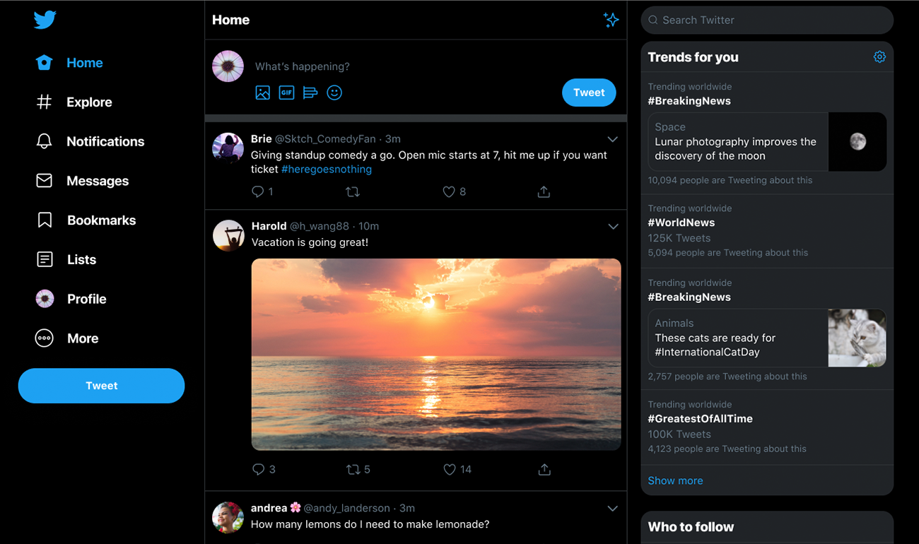 Twitter for web -- dark mode