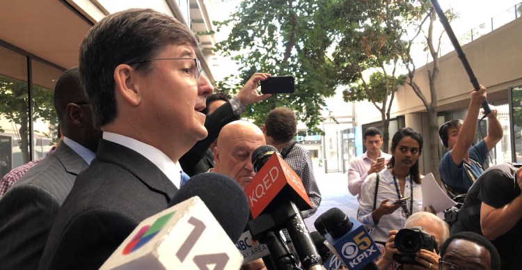 Miles Ehrlich, defense attorney of former Uber engineer Anthony Levandowski, speaks to the news media in San Jose