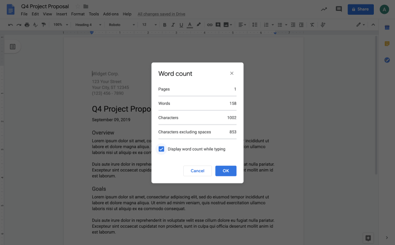 Google Docs live word counter