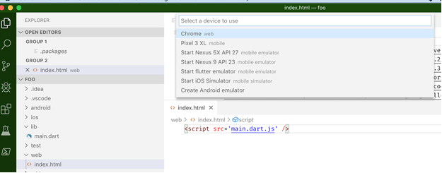 Visual Studio Code running Flutter for web