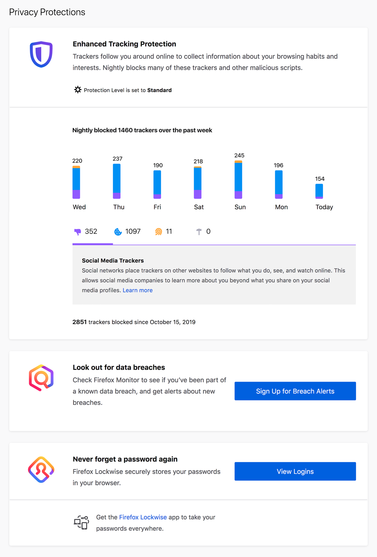 Firefox's Privacy Protections report
