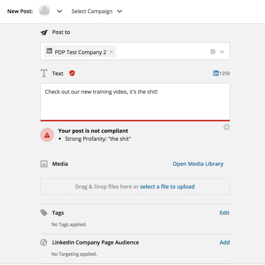 Hootsuite Predictive Compliance warning