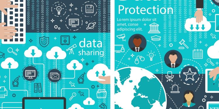 Data protection poster of internet digital innovations for web cloud information transfer. Vector cloud network system or file storage for information security and data sharing privacy (Data protection poster of internet digital innovations for web cl