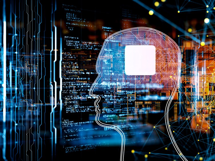 outline of a human head with a chip for a brain with code for an ML model in the background