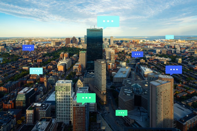 city skyline with conversation bubbles