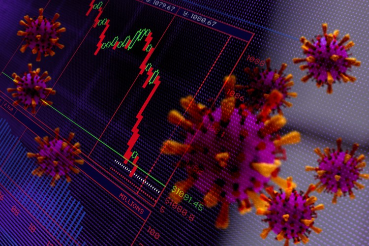 Financial Crash. Trading screen graphic and Corona virus shapes.